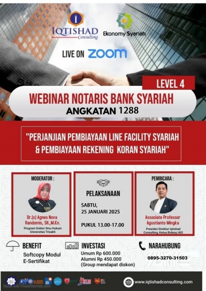 PELATIHAN NOTARIS BANK SYARAH LEVEL 4  BAGAIMANA  NOTARIS MEMBUAT PERJANJIAN-PERJANJIAN  LINE FACILITY UNTUK MODAL KERJA, INVESTASI DAN PEMBIAYAAN LAINNYA DI BANK SYARIAH DAN LEMBAGA KEUANGAN SYARIAH