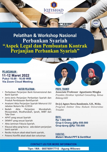 TRAINING & WORKSHOP NOTARIS BANK SYARIAH LEVEL 1: Aspek Legal dan Pembuatan Kontrak Perjanjian Produk Perbankan Syariah.