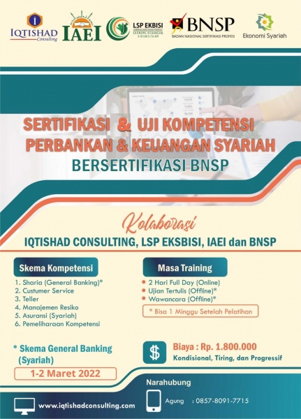 Uji Kompetensi dan Sertifikasi (Sharia) General Banking dengan Sertifikat BNSP  Kerja sama Iqtishad Consulting dengan LSP EKBISI IAEI