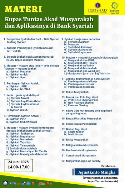 WEBINAR KUPAS TUNTAS AKAD MUSYARAKAH DAN APLIKASINYA DI BANK SYARIAH, LKS dan MASYARAKAT