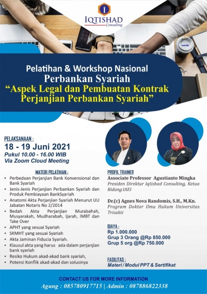 WEBINAR & TRAINING CERTIFIED ASPEK LEGAL BANK SYARIAH & PEMBUATAN PERJANJIAN PEMBIAYAAN BANK SYARIAH   Angkatan ke 789