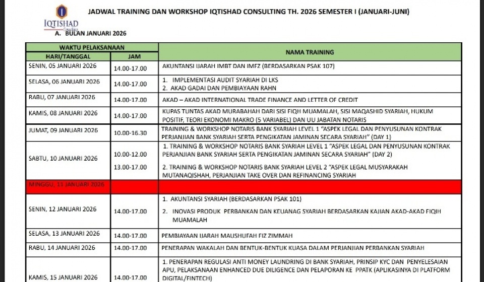 JADWAL TRAINING WORKSHOP & WEBINAR EKONOMI, PERBANKAN DAN LEMBAGA KEUANGAN SYARIAH SEMESTER I (JANUARI-JUNI) TH. 2026 