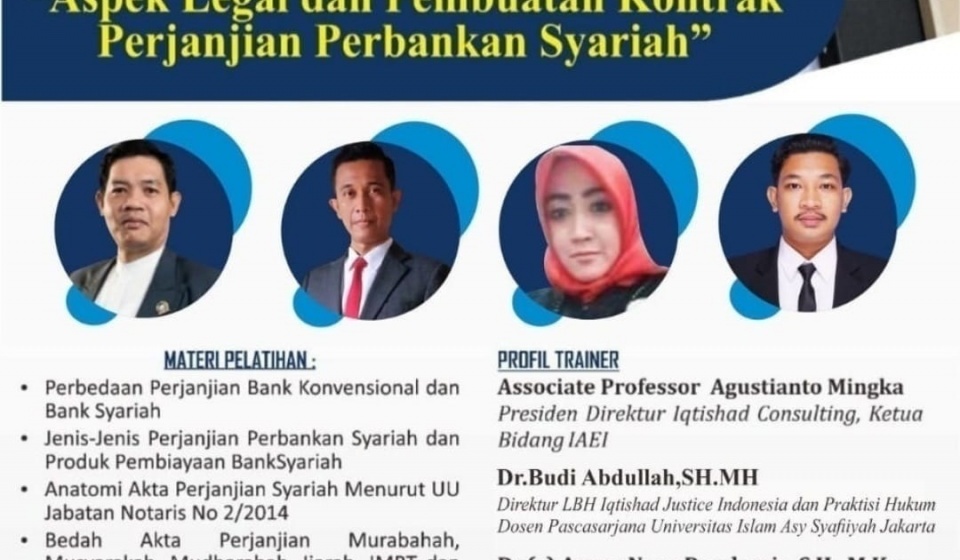PELATIHAN & WORKSHOP NASIONAL NOTARIS PERBANKAN SYARIAH : LEVEL 1 : (Sebagai Syarat menjadi Rekanan Bank Syariah) 